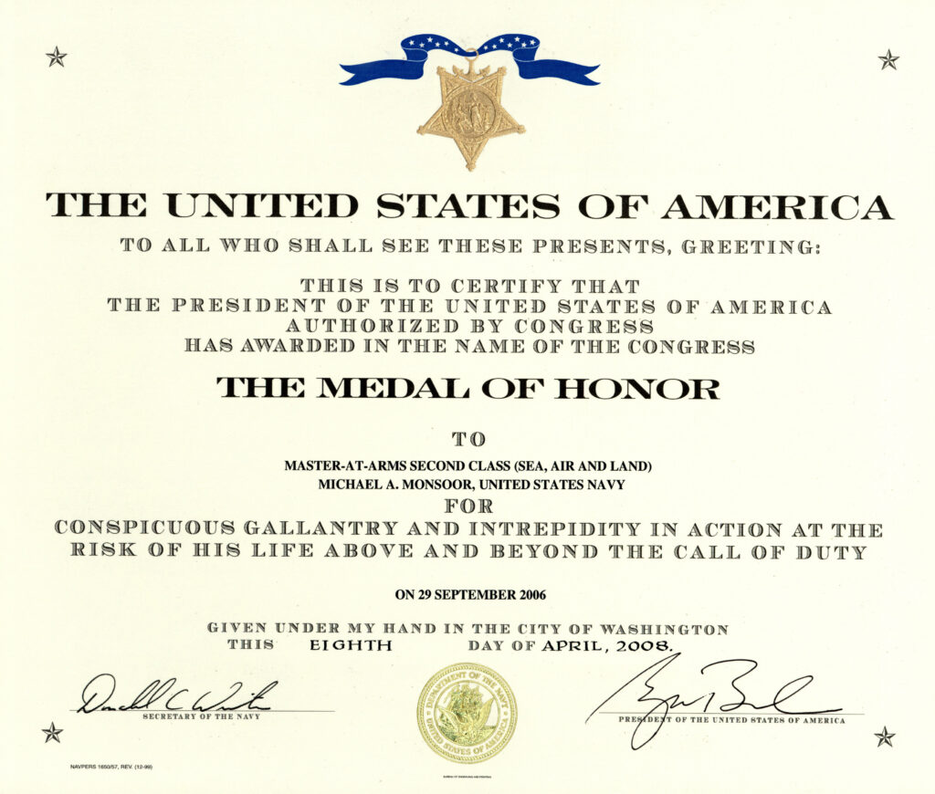 U.S. Navy file photo of Michael Monsoor's Medal of Honor certificate