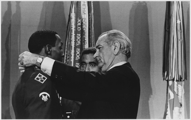 President Lyndon B. Johnson presents the Medal of Honor to Dwight Hal Johnson